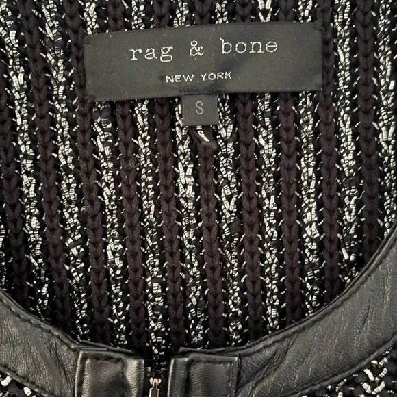 RAG AND BONE Black & White Tweed Blazer w/Textured Knit & Leather detail: Size S